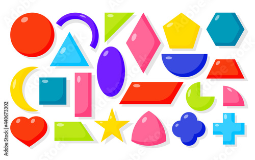 Colorful flat cartoon geometric forms icons set. Basic math shapes as square, circle, oval, triangle, star, rhombus and other. Kit for learning kids in school. Isolated on white vector illustration