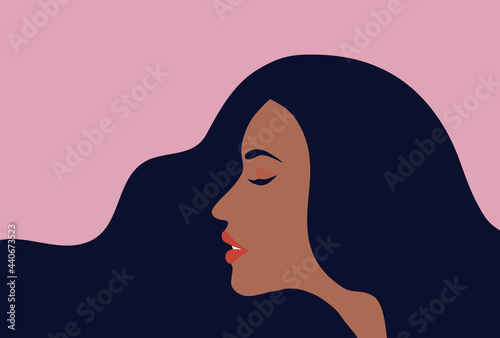 Beautiful black woman face side  with long hair view vector illustration
