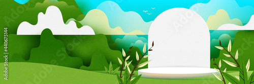3d Paper cut abstract minimal geometric shape template background.White cylinder podium on green nature landscape background.Vector illustration.
