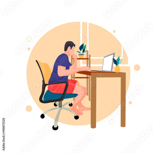 Man is working with laptop. Flat line contour illustration of student studying process sitting at home