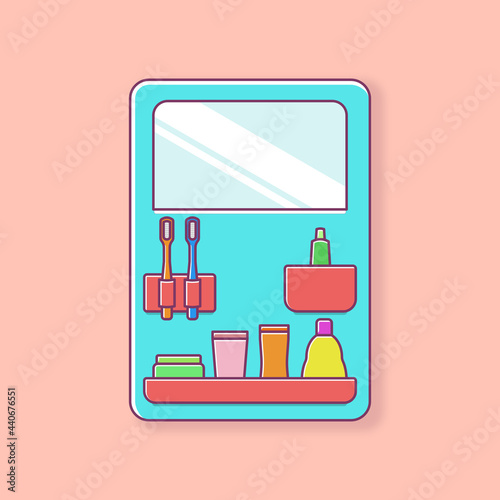 Vector image of a toiletry rack with a mirror complete with toothbrush, shampoo, soap, and others. Editable as needed.