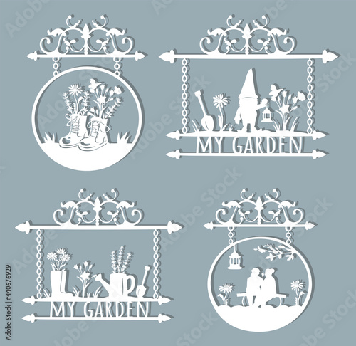 garden design. metal signboard with gnome, flowers, watering can, shovel, retro boots, rubber boots, elderly couple. laser cut design. vector. eps