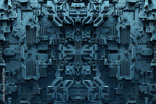 Detail of a futuristic  machine. 3D illustration of a futuristic wall made of various details under orange neon lights. Cyberpunk background. Industrial wallpaper. Grunge details
