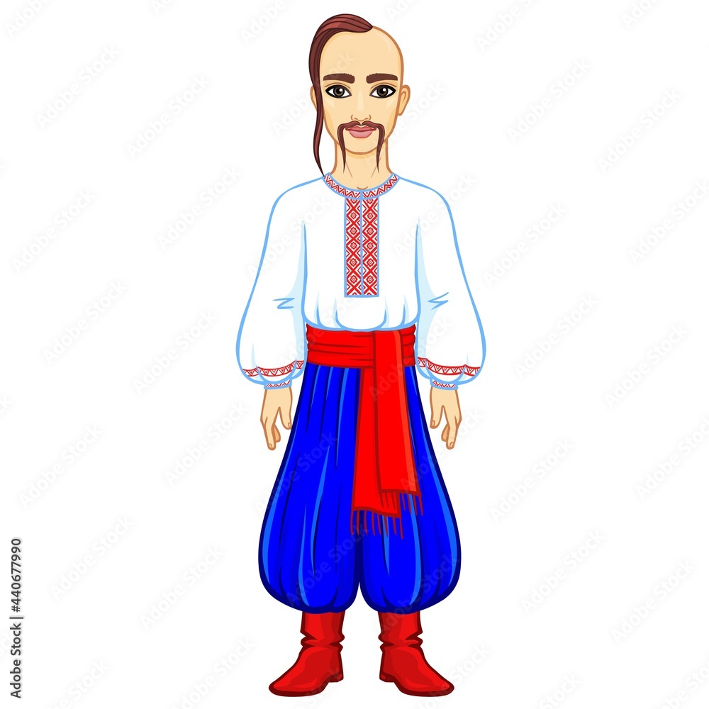 Animation portrait of the young Ukrainian man in traditional clothes.  Full growth. Vector illustration isolated on a white background.