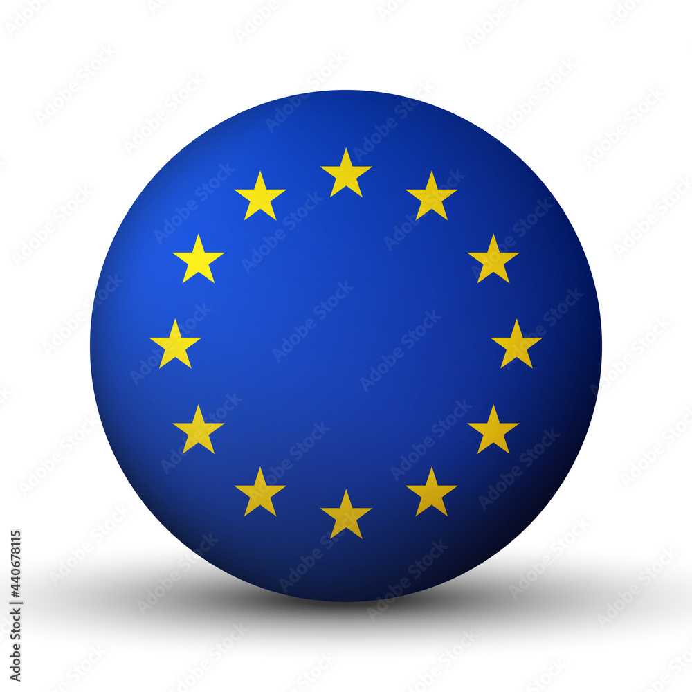 Glass light ball with European Union flag. Round sphere, template icon. EU national symbol. Glossy realistic ball, 3D abstract vector illustration highlighted on a white background. Big bubble Glass light ball with European Union flag. Round sphere, template icon. EU national symbol. Glossy realistic ball, 3D abstract vector illustration highlighted on a white background. Big bubble
