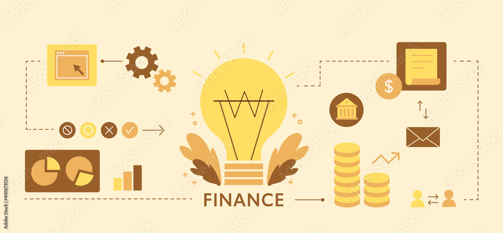 There is a light bulb icon in the center and financial icons are connected around it. Infographic banner in yellow color. flat design style minimal vector illustration.