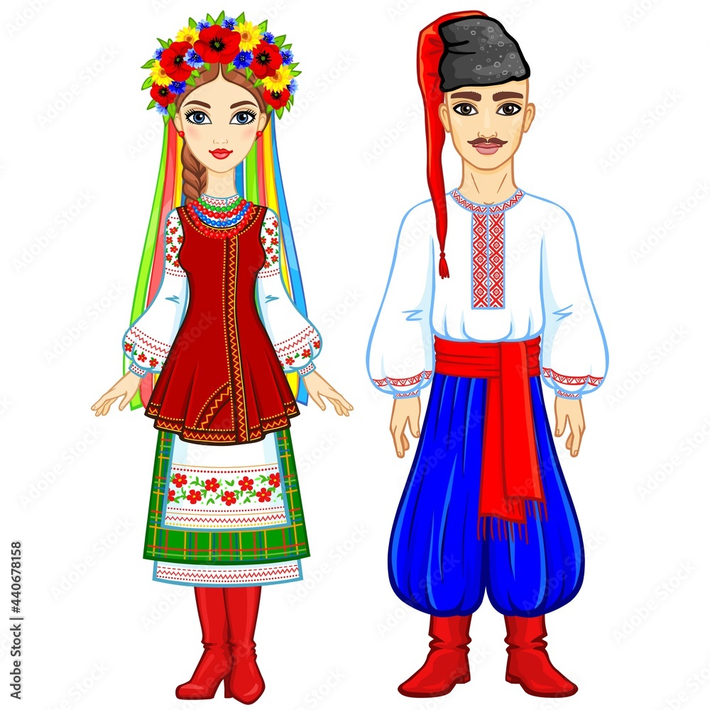 Animation portrait of the Ukrainian family in national  clothes. Full growth. Eastern Europe. Vector illustration isolated on a white background.