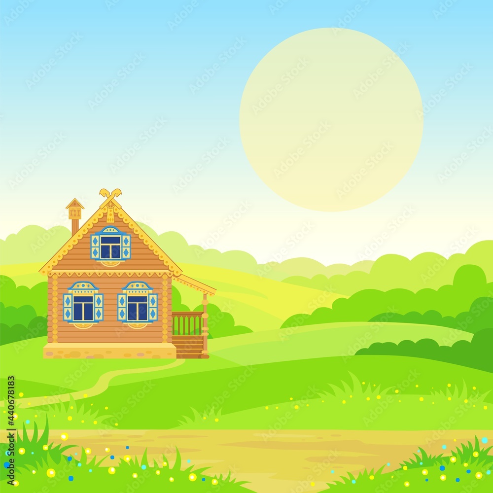 Animation landscape: green valley, ancient Slavic rural house, the blossoming meadow. The place for the text. Vector illustration.