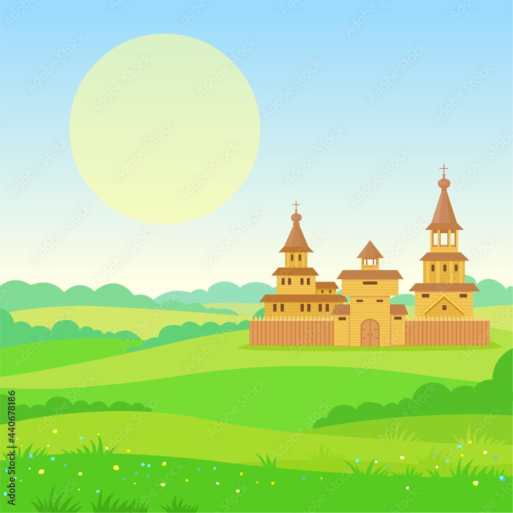 Animation landscape: green valley, ancient Slavic city, tower, fence, churches. The place for the text. Vector illustration.