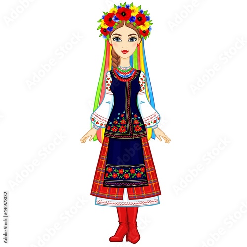Animation portrait of the young Ukrainian girl in traditional clothes, a wreath and tapes. Full growth. Vector illustration isolated on a white background.