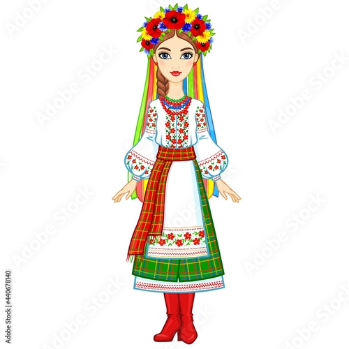 Animation portrait of the young Ukrainian girl in traditional clothes. Full growth. Vector illustration isolated on a white background.