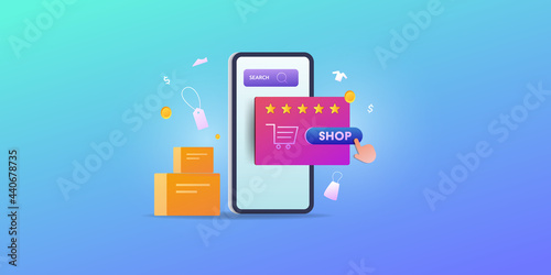 Online shopping store, mobile ecommerce app, promotion sales offer discount with credit card, online delivery, customer shopping on internet concept with gradient background.