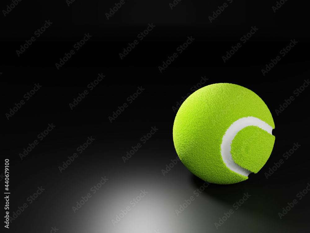 Green tennis ball placed on a dark black background - 3D rendering