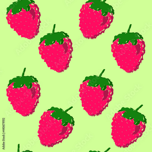 Seamless pattern with sweet  strawberries on a  green isolated background. Summer minimalistic background