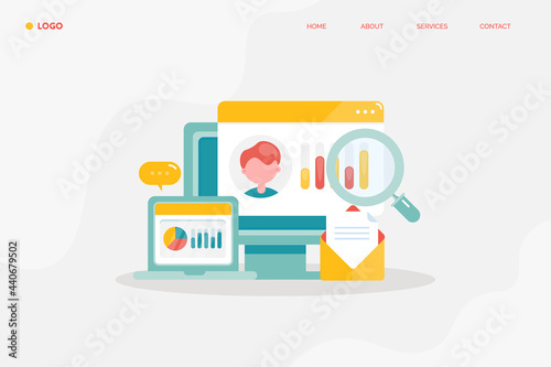 CRM -customer data management software application, customer profile displaying social and financial information on dashboard, company customer database, marketing concept, landing page template.