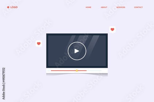 Internet video, social media video content, viral video getting user engagement, video player views, live webinar, movie concept - marketing communication landing page template.
