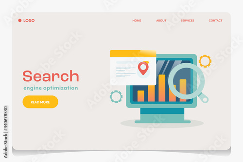Search engine optimization - SERP - Search engine result page, seo data information analysis report on computer screen, business technology, digital marketing landing page template.