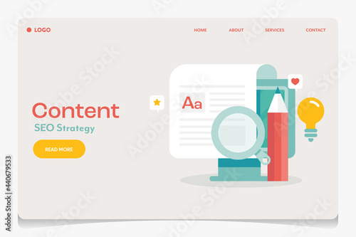 SEO content research and development, digital marketing creative content creation for search engine optimization, content seo strategy, blogging business technology landing page template.