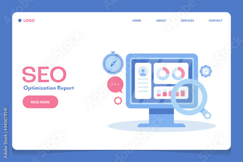 SEO report  digital marketing audit report  search engine optimization performance insights  information  seo data analysis on dashboard screen  landing page template.