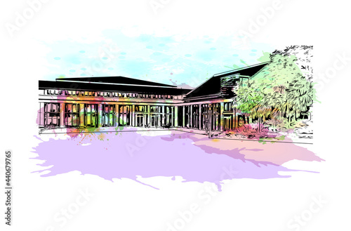 Building view with landmark of Gainesville is a city in northern Florida. Watercolor splash with hand drawn sketch illustration in vector.