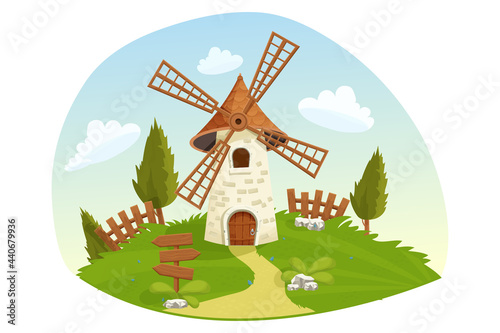 Windmill fairy landscape with wooden fence, signboard, grass, trees, farming in cartoon style isolated on white background. Retro, rural building, tower with wooden propeller. Clipart, design element.