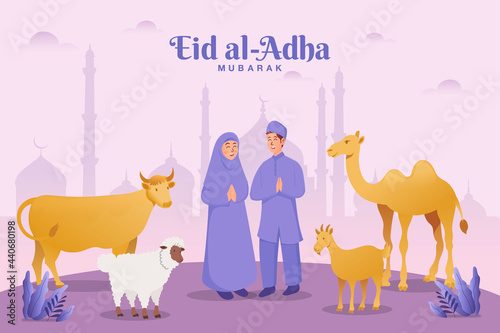 Eid al Adha greeting card. couple with sacrifice animal celebrating Eid al Adha with mosque as background