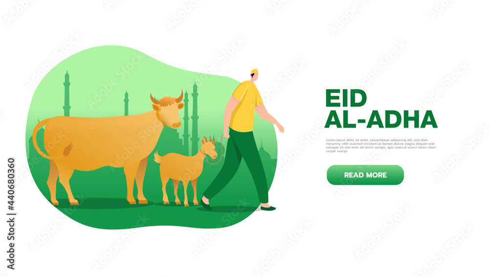 Eid al Adha mubarak greeting concept with people character bring sacrificial animal for web landing page template, banner, presentation, social, and print media Eid al Adha mubarak greeting concept with people character bring sacrificial animal for web landing page template, banner, presentation, social, and print media