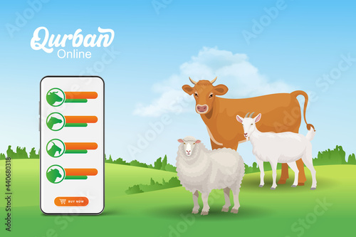 Online Qurban mobile application concept. Illustration of a smart phone with sacrificial animal for Eid al Adha