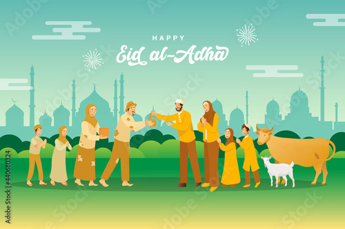 Eid al Adha greeting card. muslim family sharing the meat of sacrificial animal for poor people photo