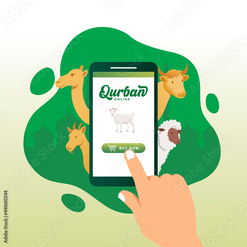 Online Qurban mobile application concept. Illustration of a smart phone with sacrificial animal for Eid al Adha