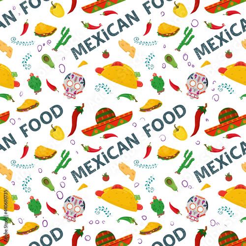 Flat endless seamless pattern on the theme of Mexican food Red and green hot chili Pepper and sombrero on a white background