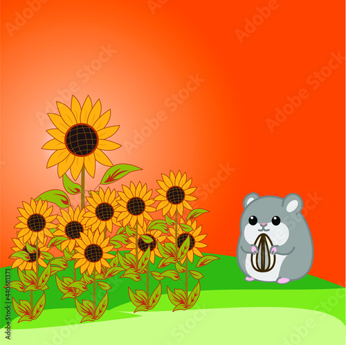 Vector illustration of a cartoon hamster and sunflower plant.