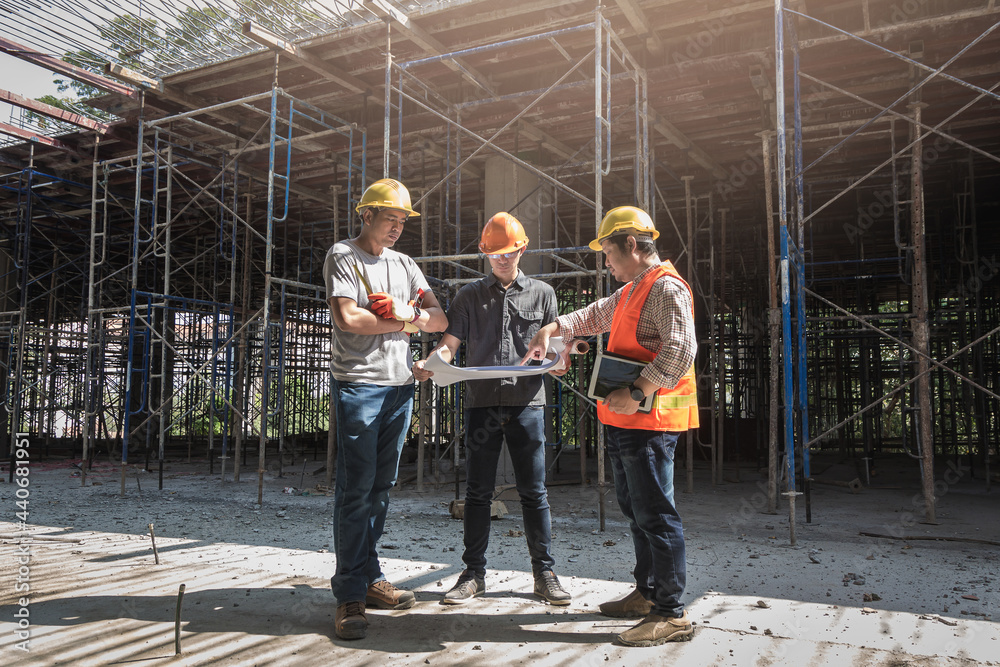 engineer team is investigating construction site. engineer team is investigating construction site.