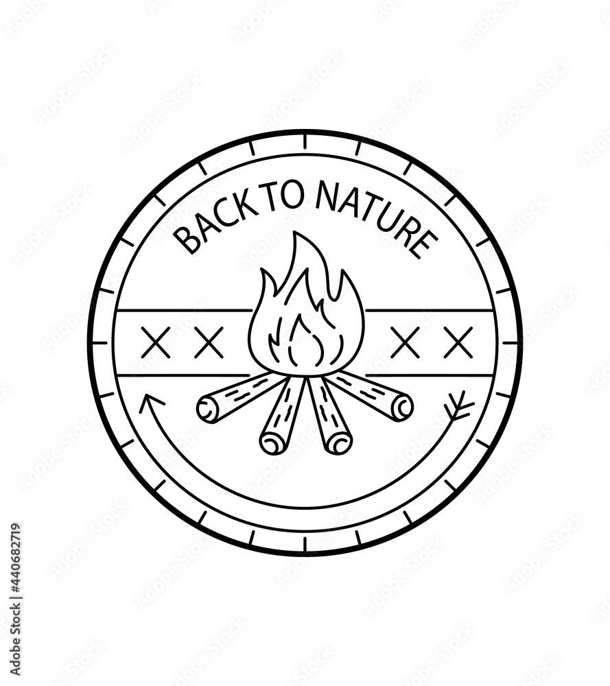 back to nature, bonfire in mono line art, badge, emblem, T-shirt vector, Tee Design back to nature, bonfire in mono line art, badge, emblem, T-shirt vector, Tee Design