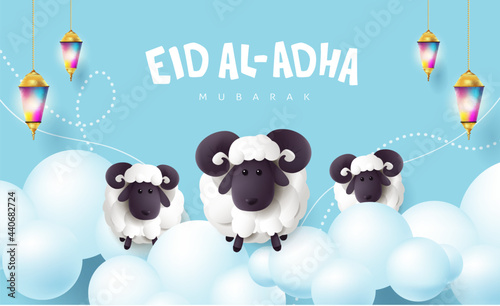 Eid Al Adha Mubarak the celebration of Muslim community festival calligraphy with White sheep and cloud on the sky