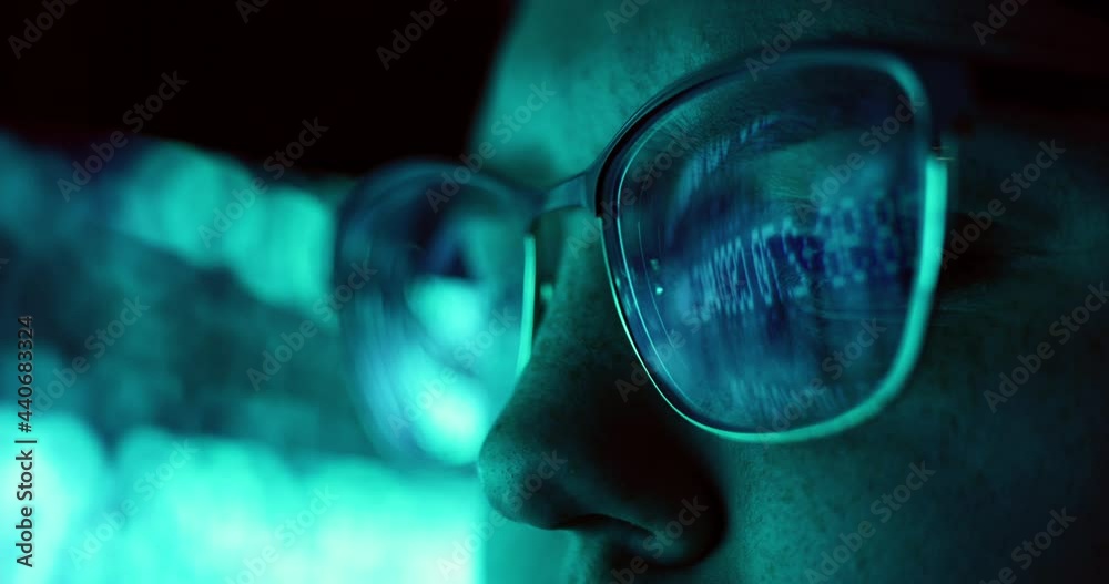 Closeup of Young Adult Female Wearing Reflective Eye Glasses Analyzing Cyber Security Code Data Working Night Concentrating Computer Screen | Financial Virus Hacker Women Dark Programmer Crypto BTC 4K Closeup of Young Adult Female Wearing Reflective Eye Glasses Analyzing Cyber Security Code Data Working Night Concentrating Computer Screen | Financial Virus Hacker Women Dark Programmer Crypto BTC 4K