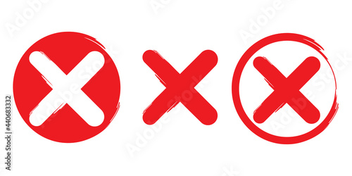 Check mark icon. Red crosses on white background. Symbol no, rejection, cancellation. Vector illustration. Stock image.