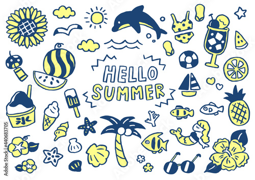 手描き　シンプル　かわいい夏の素材セット（ネイビー）
