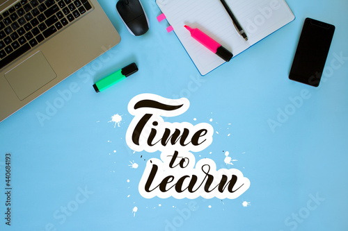 The view from the top. Workspace. Marker, diary or Notepad, pen. Lettering Time to school