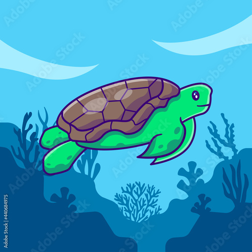 Fototapeta Naklejka Na Ścianę i Meble -  Sea turtle swimming in ocean Vector Cartoon Illustrations for World Ocean Day