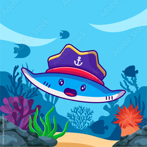 Cute stingray swimming with Hat Pirates Vector Cartoon Illustrations for World Ocean Day