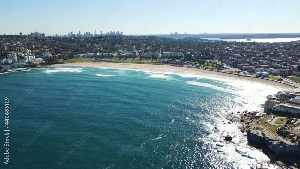 Sparkling Blue Water Of Ocean By The Beach Of Bondi - Australian Suburb Of Bondi In NSW, Australia. - aerial Sparkling Blue Water Of Ocean By The Beach Of Bondi - Australian Suburb Of Bondi In NSW, Australia. - aerial