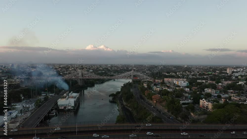 Drone flying over twin bridges and Juan Pablo Duarte and Juan Boch bridge in background. Santo Domingo Drone flying over twin bridges and Juan Pablo Duarte and Juan Boch bridge in background. Santo Domingo