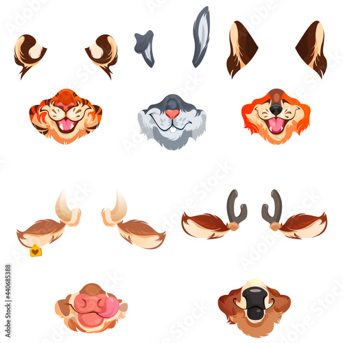 Animal face masks for social networks, selfie photo or video chat filter. Cute tiger, rabbit, fox and cow or deer muzzles, ears, noses and fur elements isolated on white background, cartoon vector set