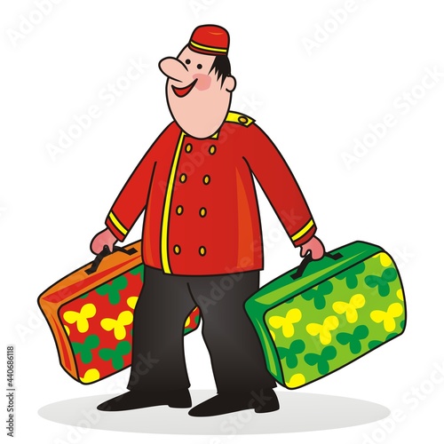 porter at  red uniform with suitcases, funny vector illustration photo