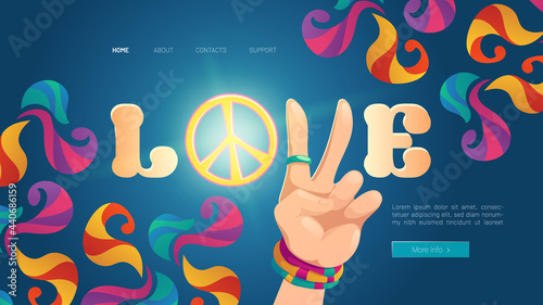 Love cartoon landing page with hippie hand show peace gesture on colorful ornate psychedelic background. Rock-n-roll hippy festival booking tickets service, musical concert, festival Vector web banner