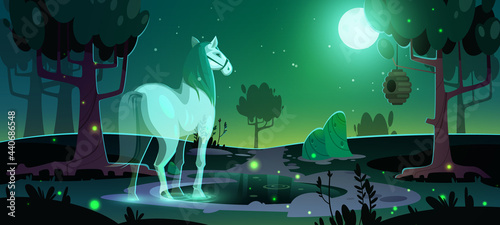 Banner of mystery with glowing horse ghost in dark forest at night. Vector poster with cartoon fantasy illustration of horse spirit in park or garden with trees and pond