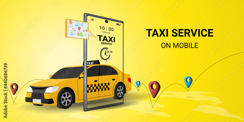 Taxi online service on mobile application with yellow taxicab  and location. Get a taxi. Concept for order taxi service. 3d perspective vector illustration on yellow background - obrazy, fototapety, plakaty 