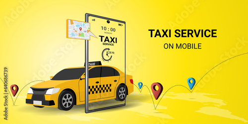 Taxi online service on mobile application with yellow taxicab  and location. Get a taxi. Concept for order taxi service. 3d perspective vector illustration on yellow background