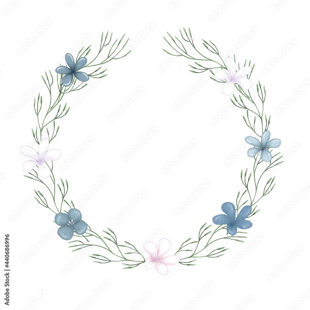 Cute blue flowers baby boy shower wreath, whimsical holidays frame, toddler holidays decoration element